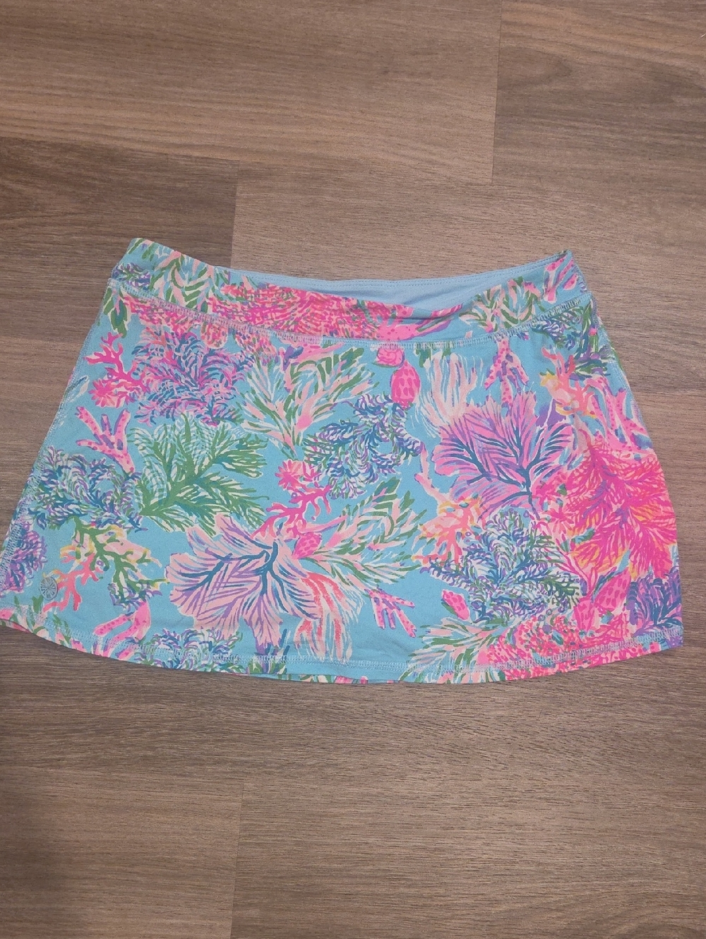Lilly Pulitzer Aqua Floral Mini Skort with Pink & Green Accents Size Large